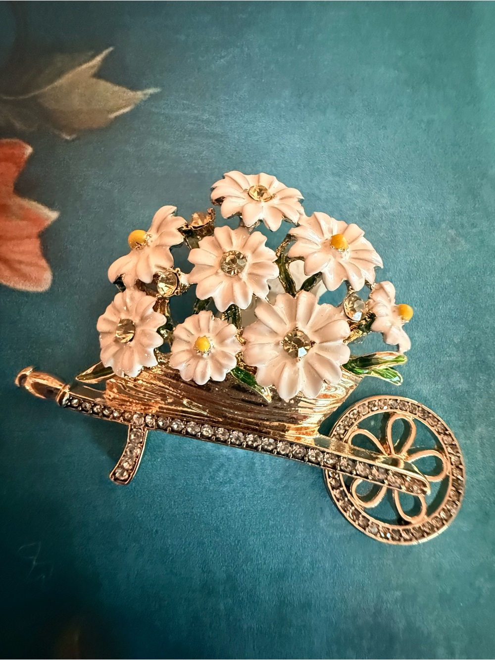 Gold-Tone White Enamel Daisy Wheelbarrow Brooch